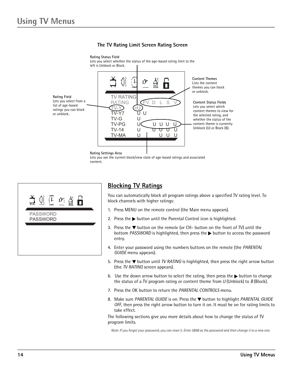 Blocking tv ratings, Using tv menus | RCA TV/DVD User Manual | Page 14 / 34