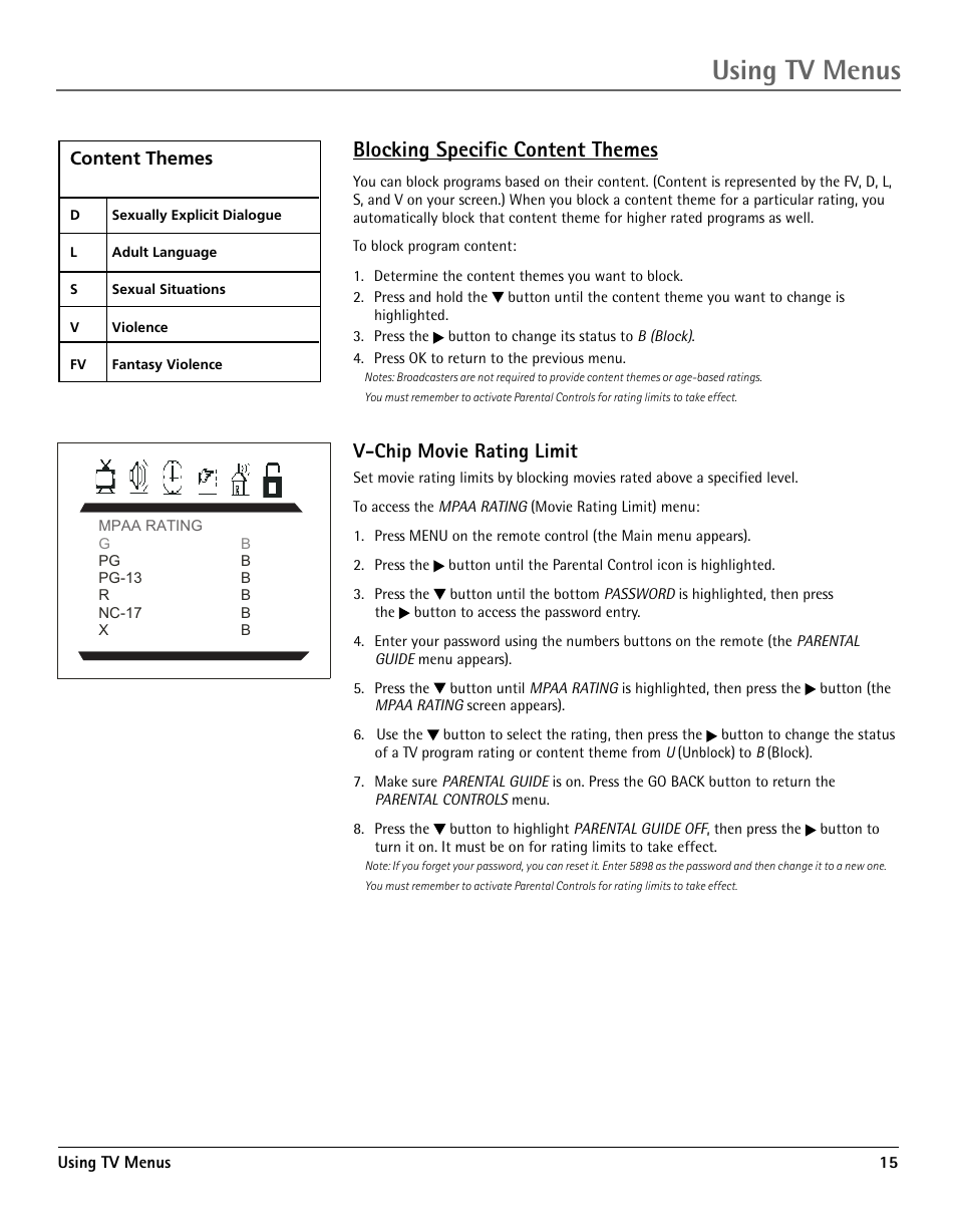 Blocking specific content themes, V-chip movie rating limit, Using tv menus | RCA TV/DVD User Manual | Page 15 / 34