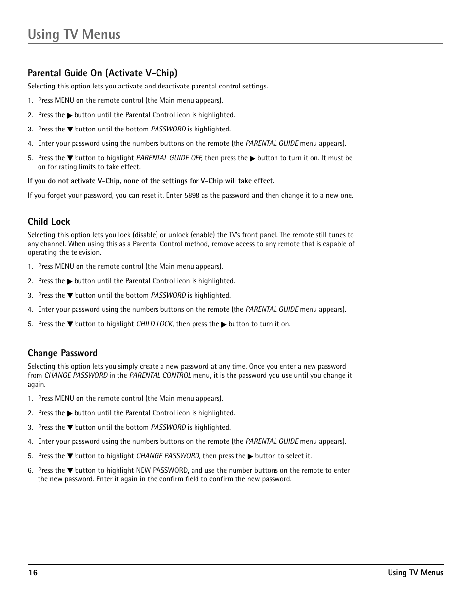 Parental guide on (activate v-chip), Child lock 16, Change password 16 | Using tv menus, Child lock, Change password | RCA TV/DVD User Manual | Page 16 / 34