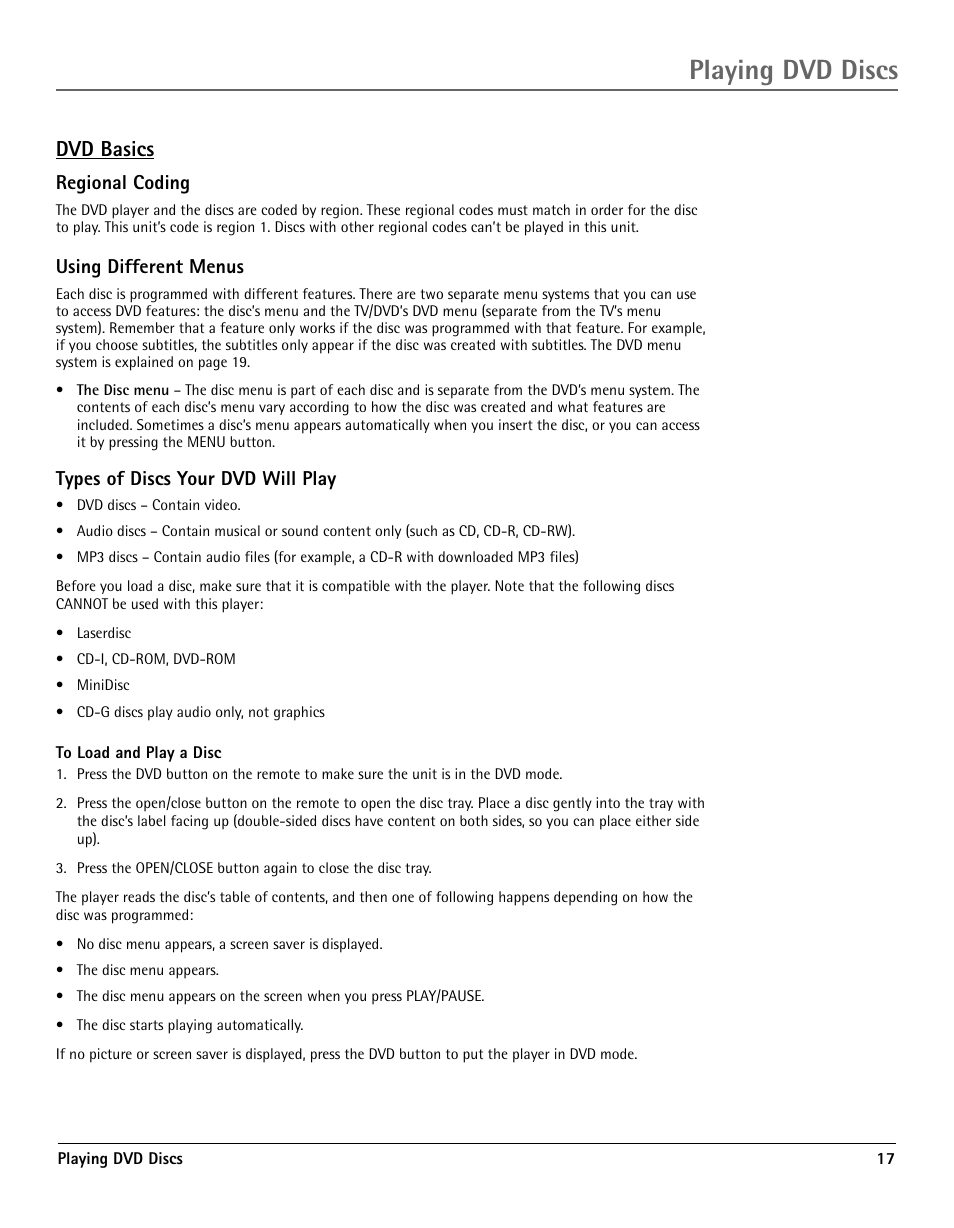 Dvd basics, Regional coding, Using different menus | Types of discs your dvd will play, Regional coding using different menus, Playing dvd discs | RCA TV/DVD User Manual | Page 17 / 34