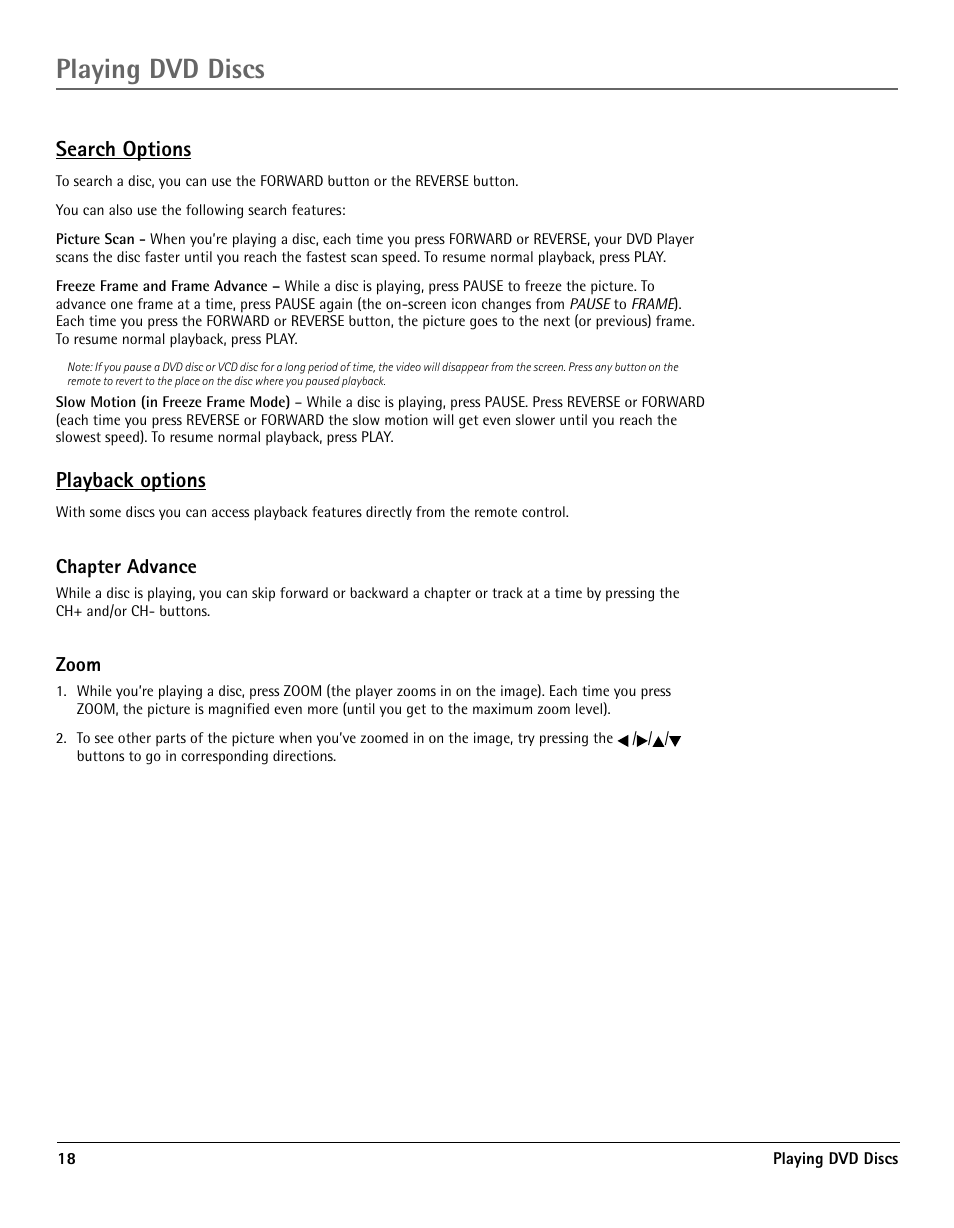 Search options, Playback options, Chapter advance | Zoom, Types of discs your dvd will play, Playing dvd discs | RCA TV/DVD User Manual | Page 18 / 34