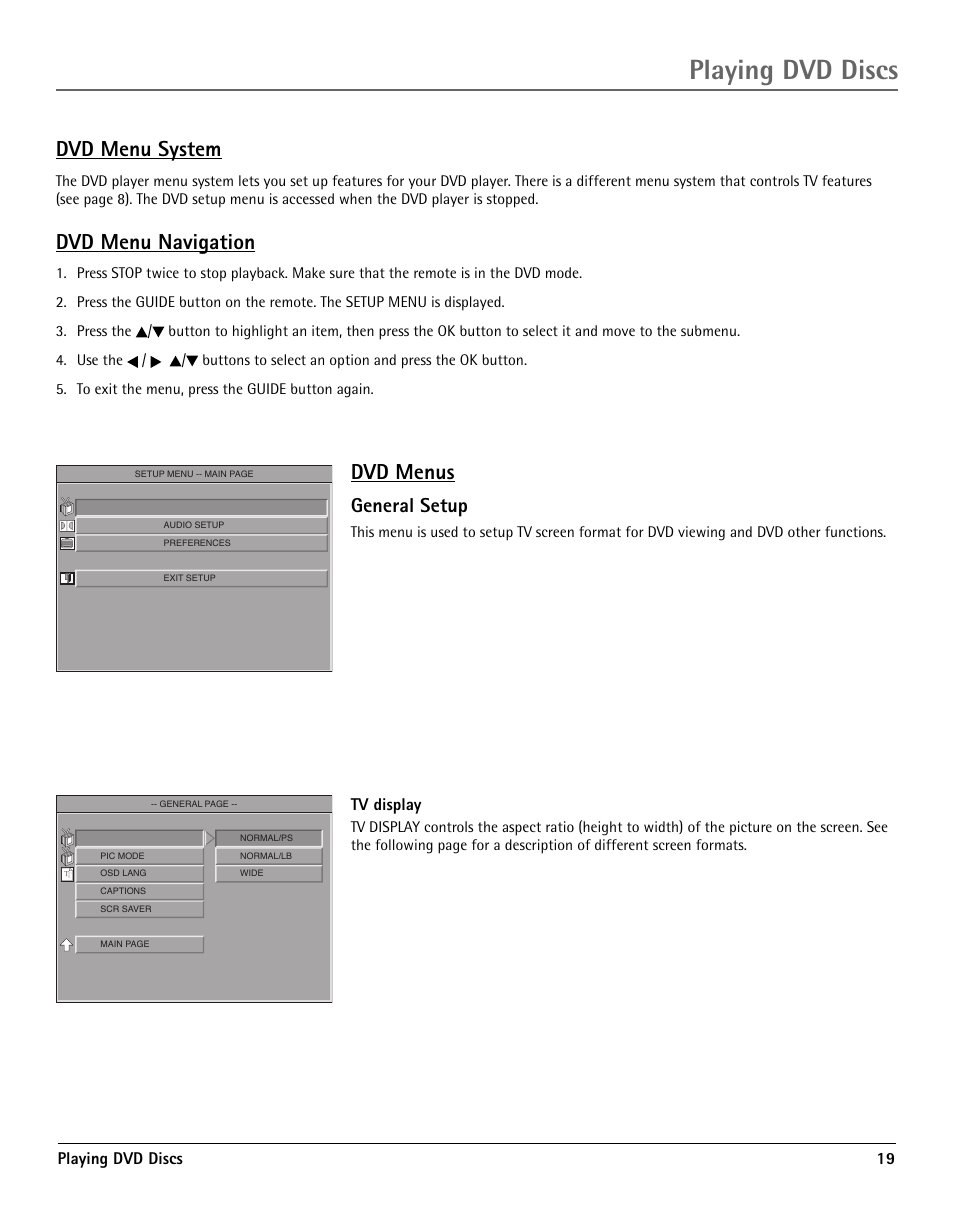 Dvd menu system, Dvd menu navigation, Dvd menus | General setup, Playback options, Playing dvd discs, Playing dvd discs 19, Tv display | RCA TV/DVD User Manual | Page 19 / 34