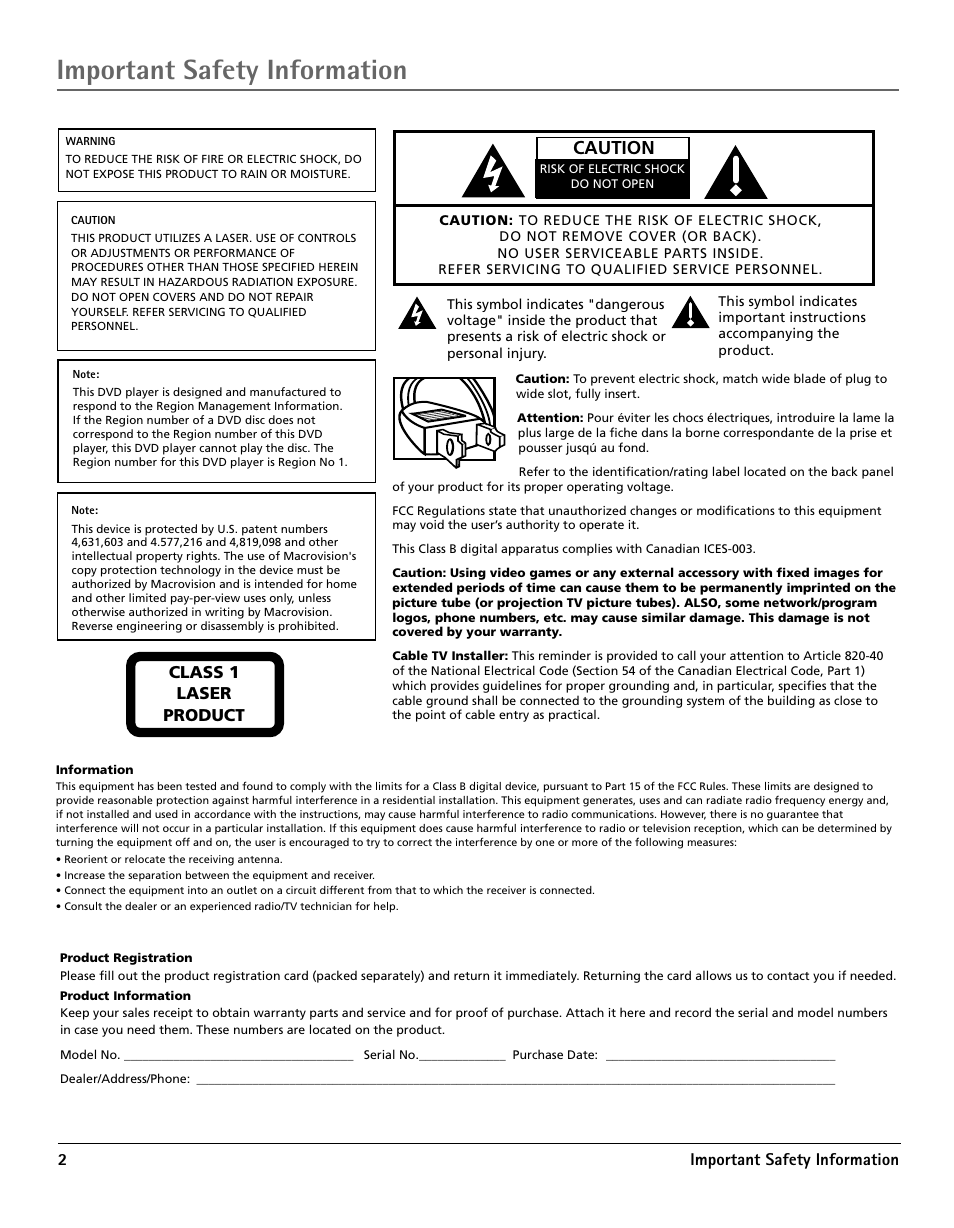 Important safety information, Caution, 2important safety information | Class 1 laser product | RCA TV/DVD User Manual | Page 2 / 34