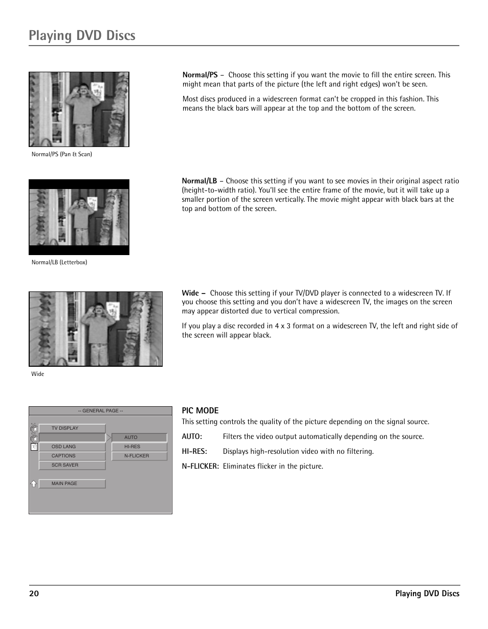 Chapter advance zoom, Dvd menu system, Dvd menu navigation | Dvd menus, General setup, Playing dvd discs, 20 playing dvd discs, Pic mode | RCA TV/DVD User Manual | Page 20 / 34