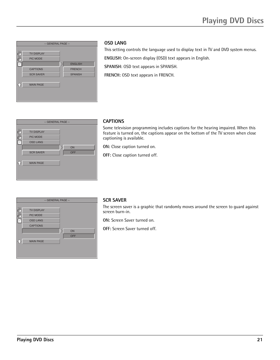 Playing dvd discs, Playing dvd discs 21 osd lang, Captions | Scr saver | RCA TV/DVD User Manual | Page 21 / 34