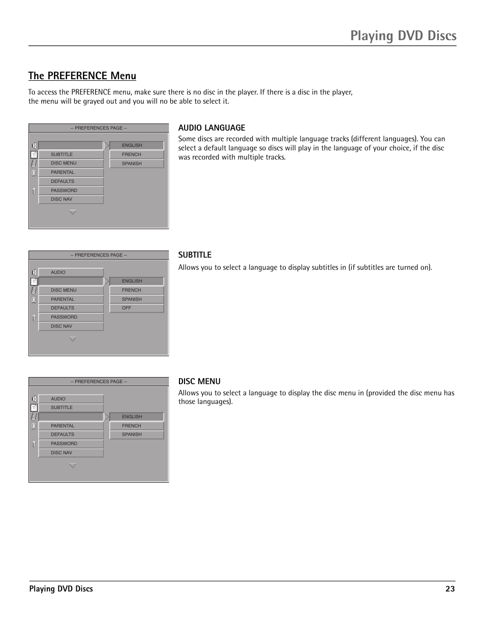 The preference menu, Playing dvd discs, Playing dvd discs 23 | Audio language, Subtitle, Disc menu | RCA TV/DVD User Manual | Page 23 / 34