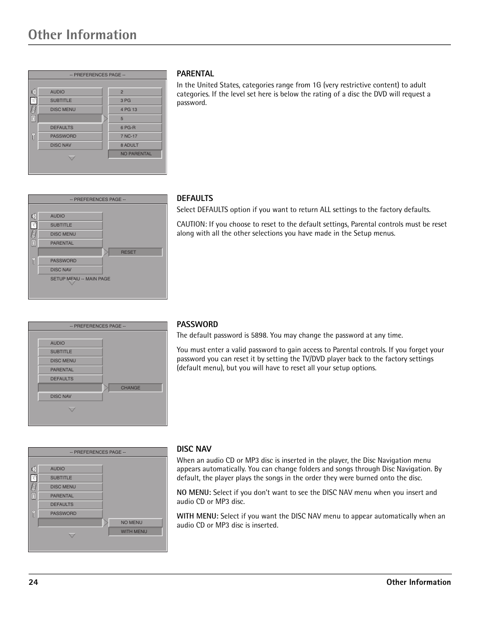 Audio setup, Other information, 24 other information parental | Defaults, Password, Disc nav | RCA TV/DVD User Manual | Page 24 / 34