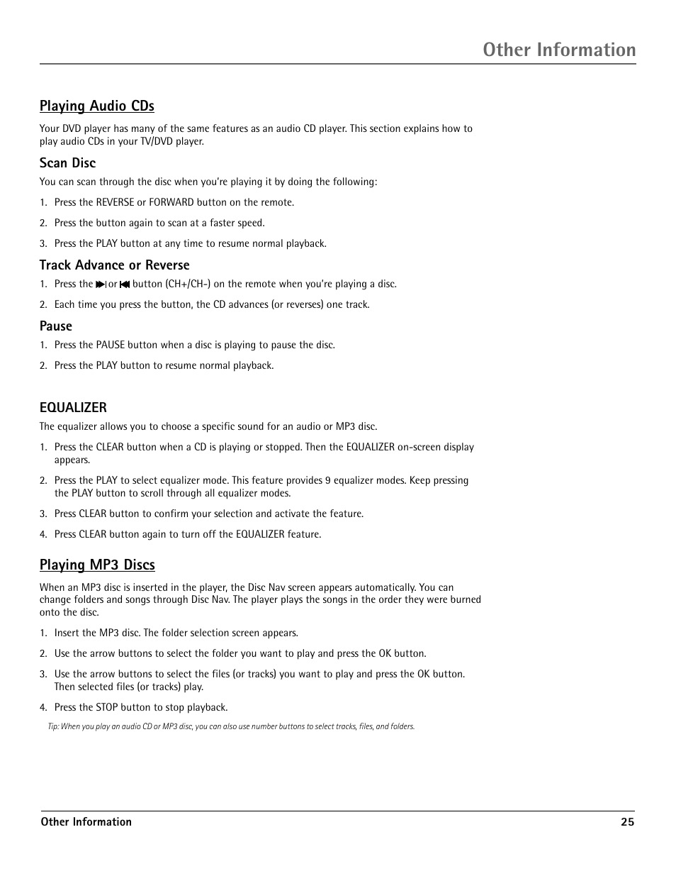 Playing audio cds, Scan disc, Track advance or reverse | Pause, Equalizer, Playing mp3 discs, The preference menu, Other information | RCA TV/DVD User Manual | Page 25 / 34