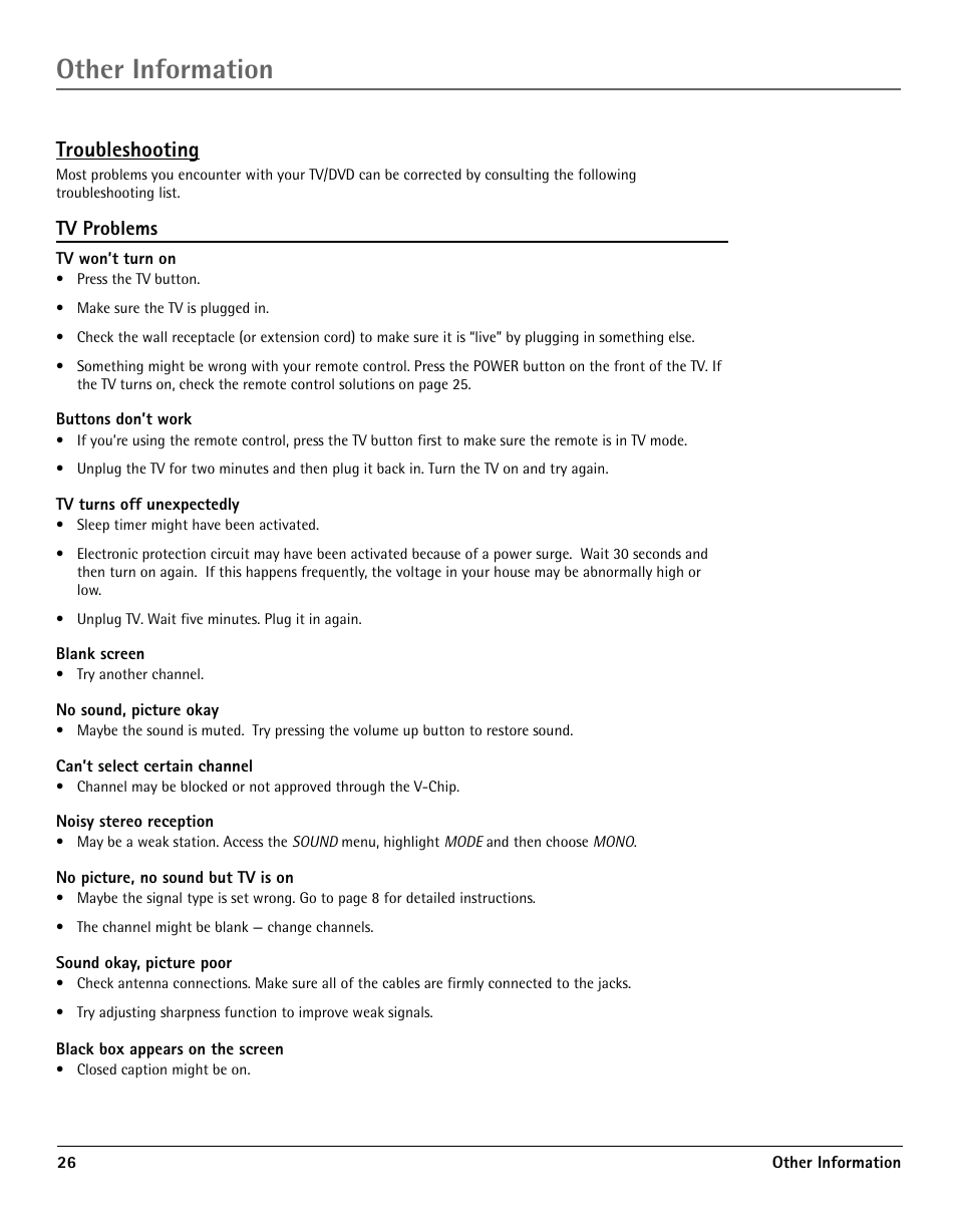 Troubleshooting, Scan disc track advance or reverse pause equalizer, Playing mp3 discs | Other information, Tv problems | RCA TV/DVD User Manual | Page 26 / 34