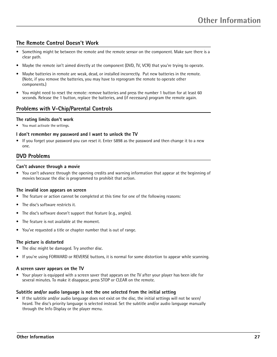 Other information, The remote control doesn’t work, Problems with v-chip/parental controls | Dvd problems | RCA TV/DVD User Manual | Page 27 / 34