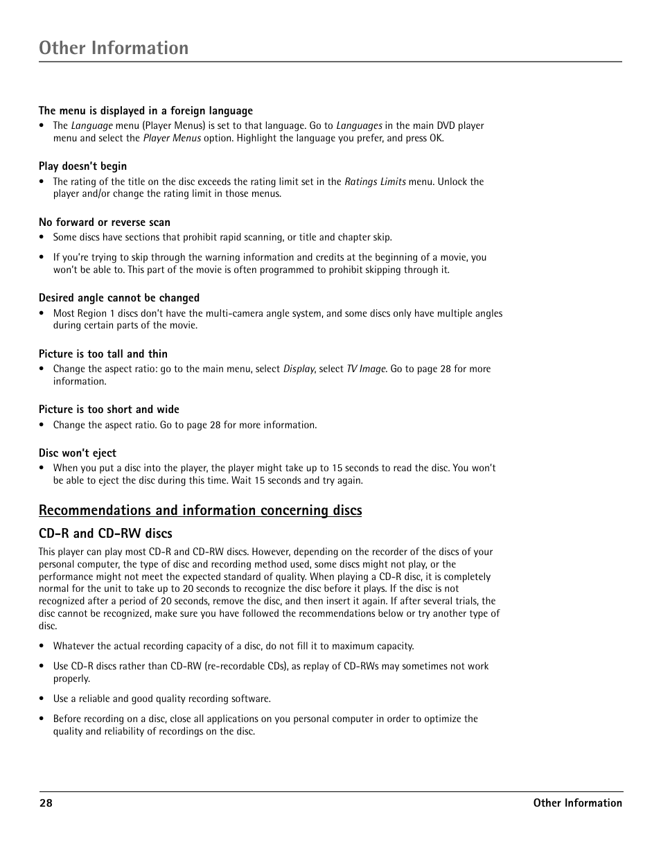 Recommendations and information, Cd-r and cd-rw discs, Other information | Recommendations and information concerning discs | RCA TV/DVD User Manual | Page 28 / 34