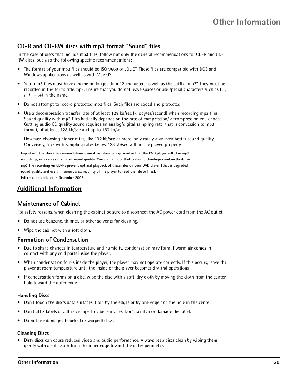 Cd-r and cd-rw discs with mp3 format, Additional information, Maintenance of cabinet | Formation of condensation, Concerning discs, Cd-r and cd-rw discs, Sound” files, Other information, Cd-r and cd-rw discs with mp3 format “sound” files | RCA TV/DVD User Manual | Page 29 / 34