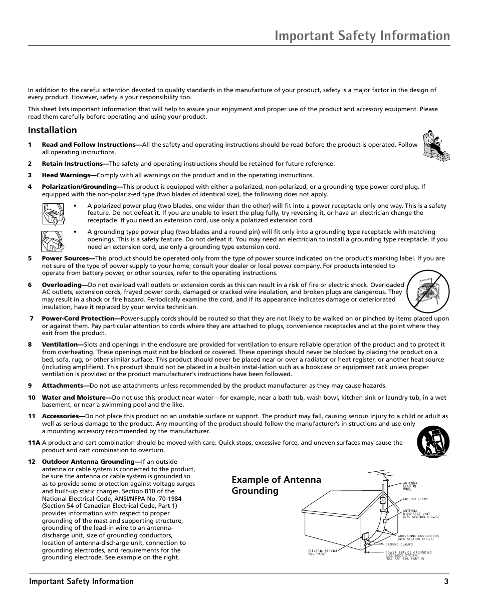 Important safeguards, Important safety information, Installation | Example of antenna grounding | RCA TV/DVD User Manual | Page 3 / 34