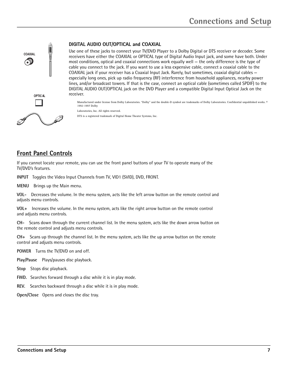 Front panel controls, The buttons on the remote control, Connections and setup | RCA TV/DVD User Manual | Page 7 / 34