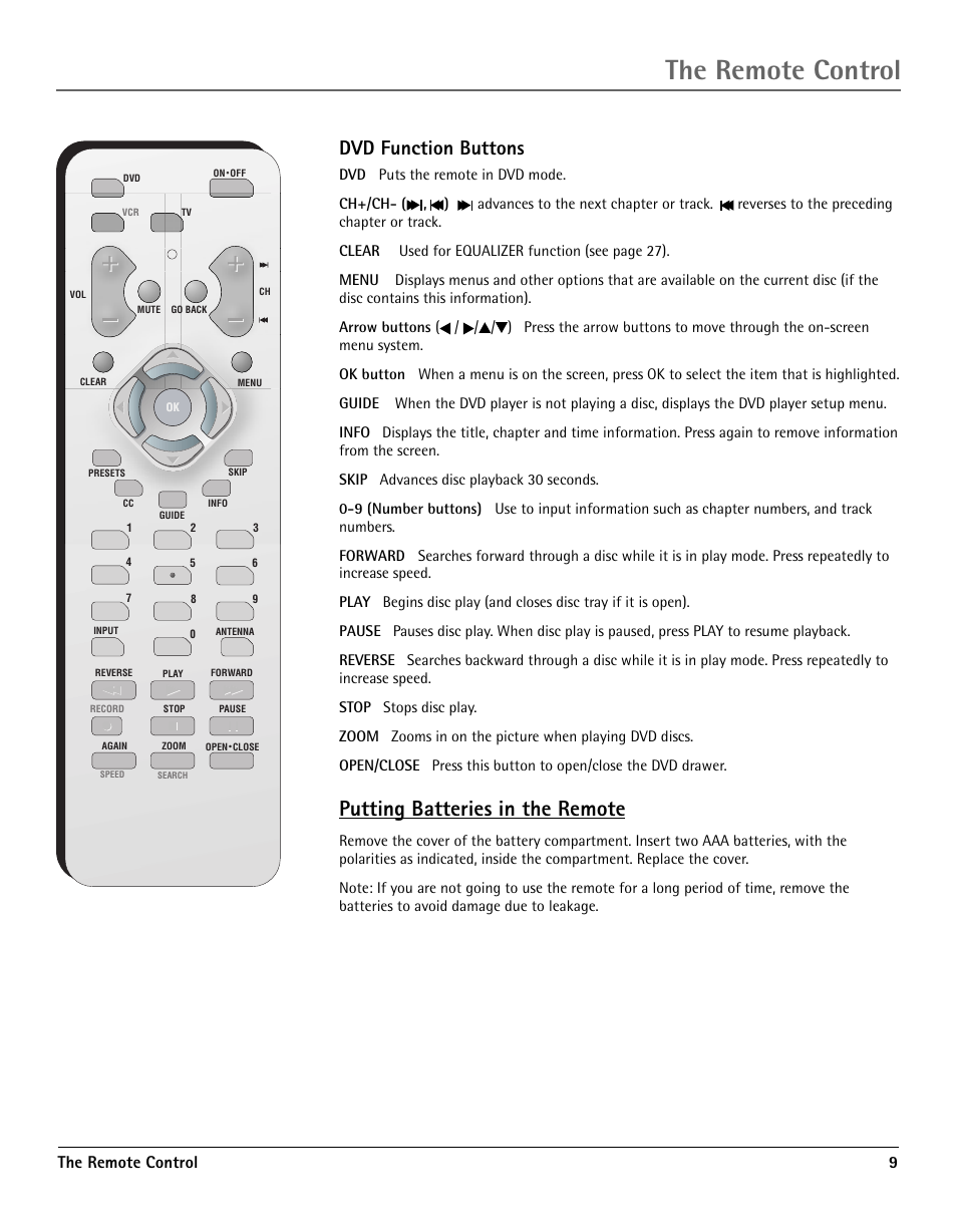 Dvd function buttons, Putting batteries in the remote, The remote control | The remote control 9 | RCA TV/DVD User Manual | Page 9 / 34