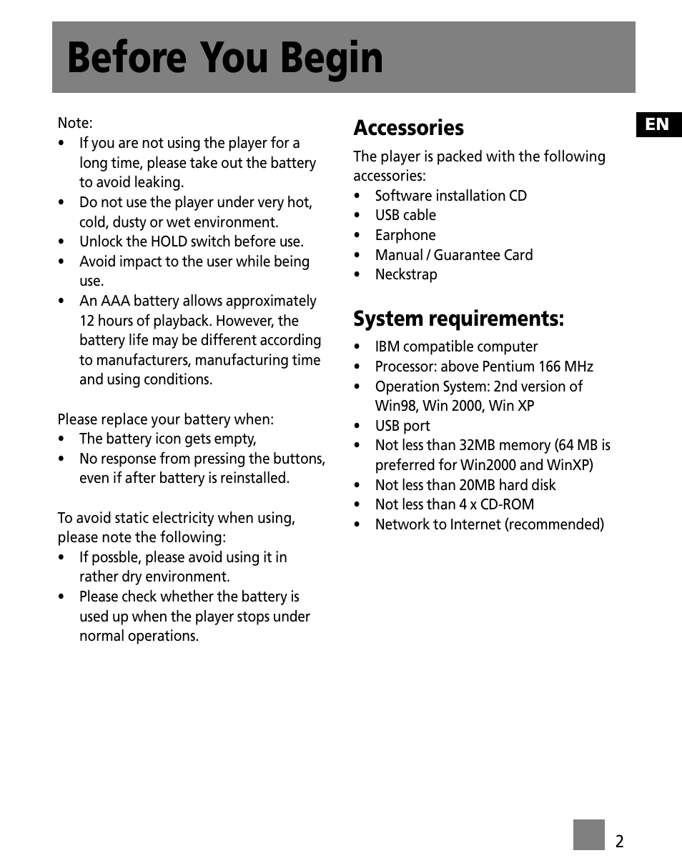 Before you begin, Accessories, System requirements | RCA Portable Audio Device Player M300E512 User Manual | Page 11 / 24
