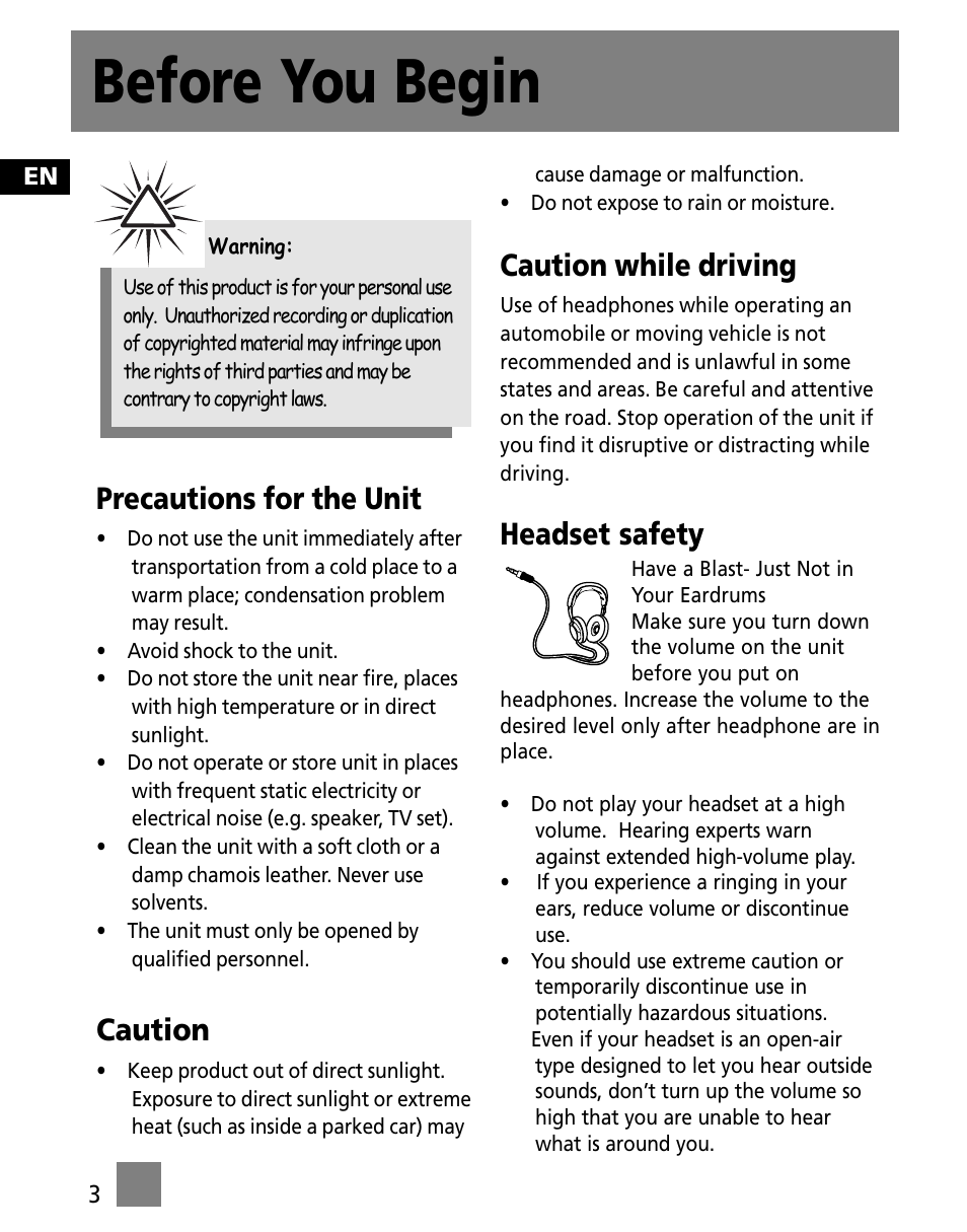 Before you begin, Precautions for the unit, Caution | Caution while driving, Headset safety | RCA Portable Audio Device Player M300E512 User Manual | Page 12 / 24