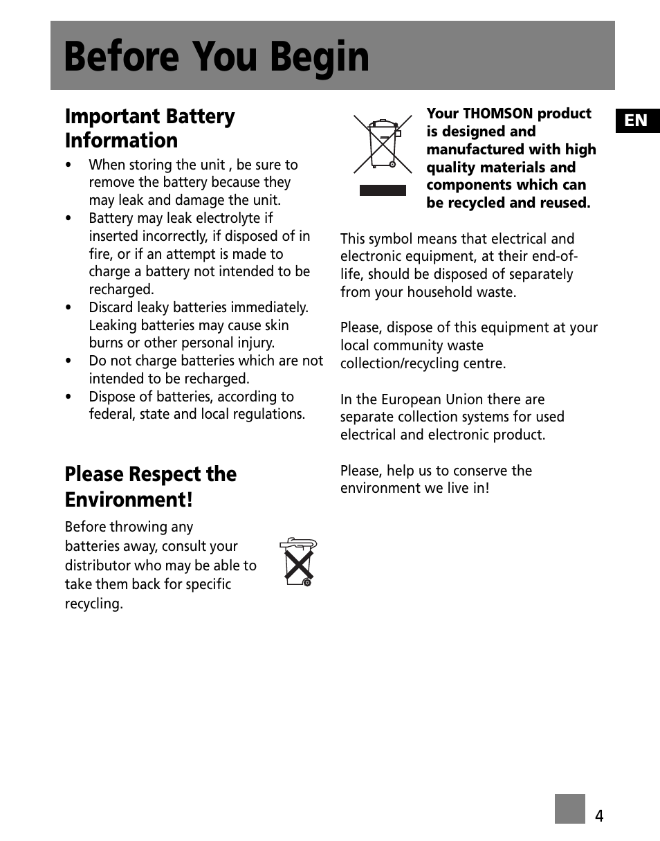 Before you begin, Important battery information, Please respect the environment | RCA Portable Audio Device Player M300E512 User Manual | Page 13 / 24