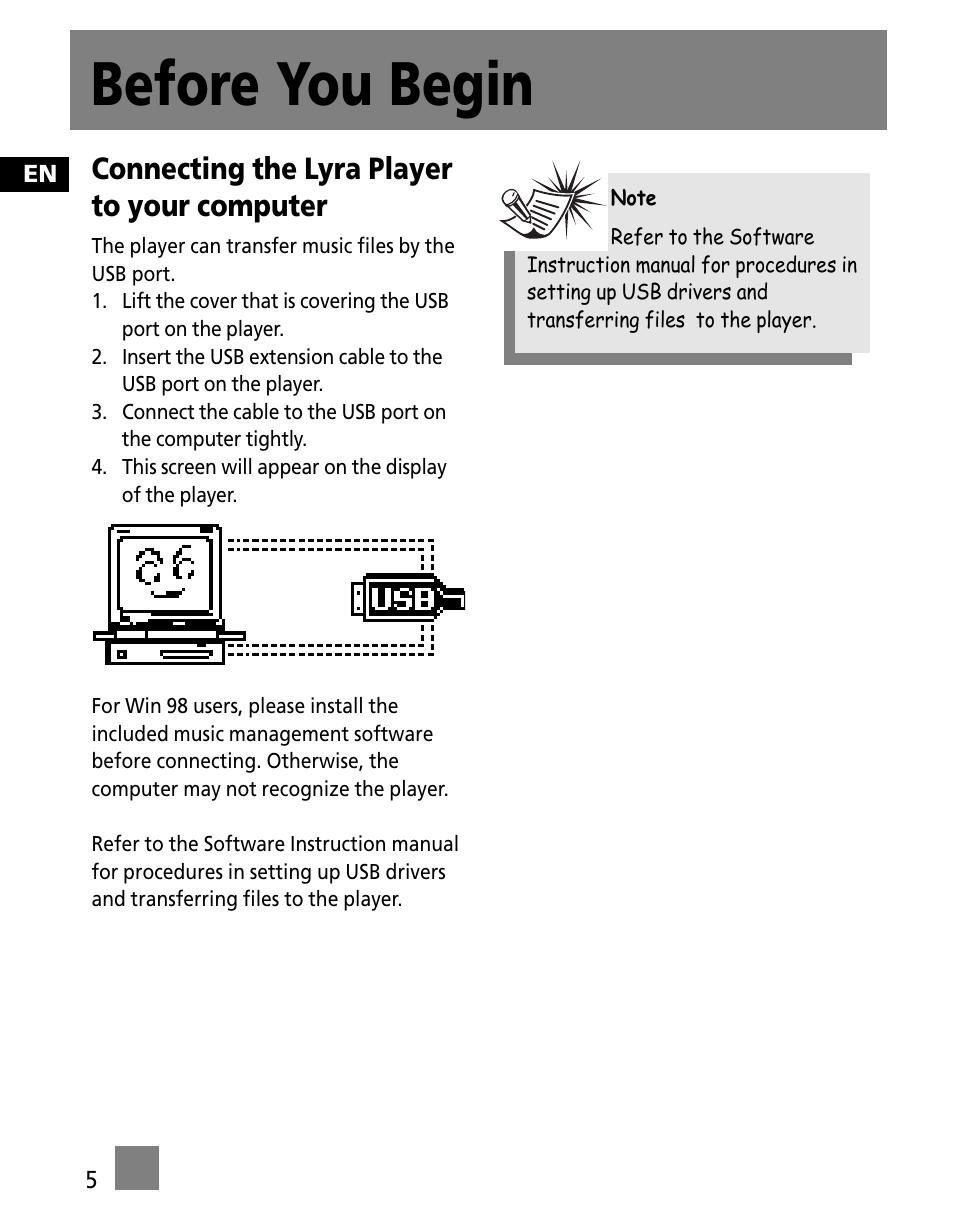 Before you begin, Connecting the lyra player to your computer | RCA Portable Audio Device Player M300E512 User Manual | Page 14 / 24