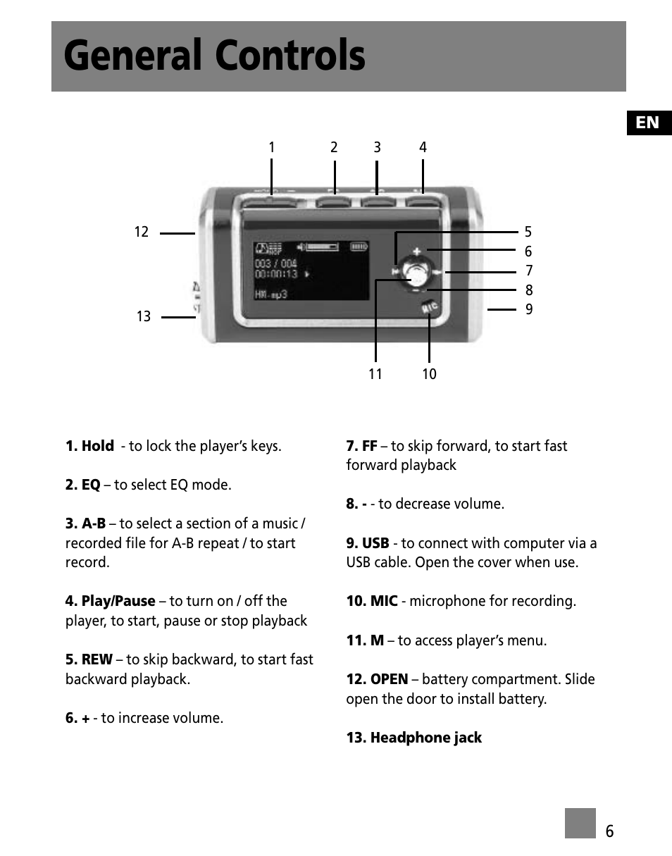 General controls | RCA Portable Audio Device Player M300E512 User Manual | Page 15 / 24
