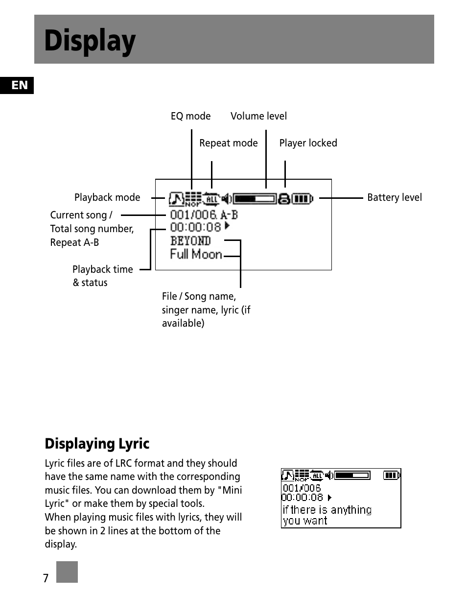 Display, Displaying lyric | RCA Portable Audio Device Player M300E512 User Manual | Page 16 / 24