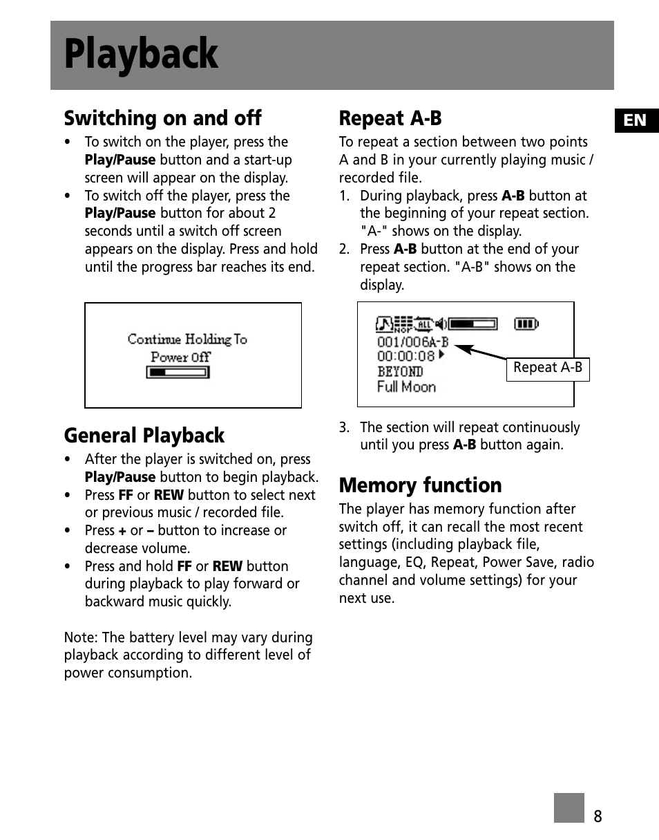 Playback, Switching on and off, General playback | Repeat a-b | RCA Portable Audio Device Player M300E512 User Manual | Page 17 / 24