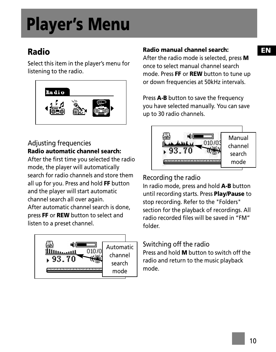 Player’s menu, Radio | RCA Portable Audio Device Player M300E512 User Manual | Page 19 / 24