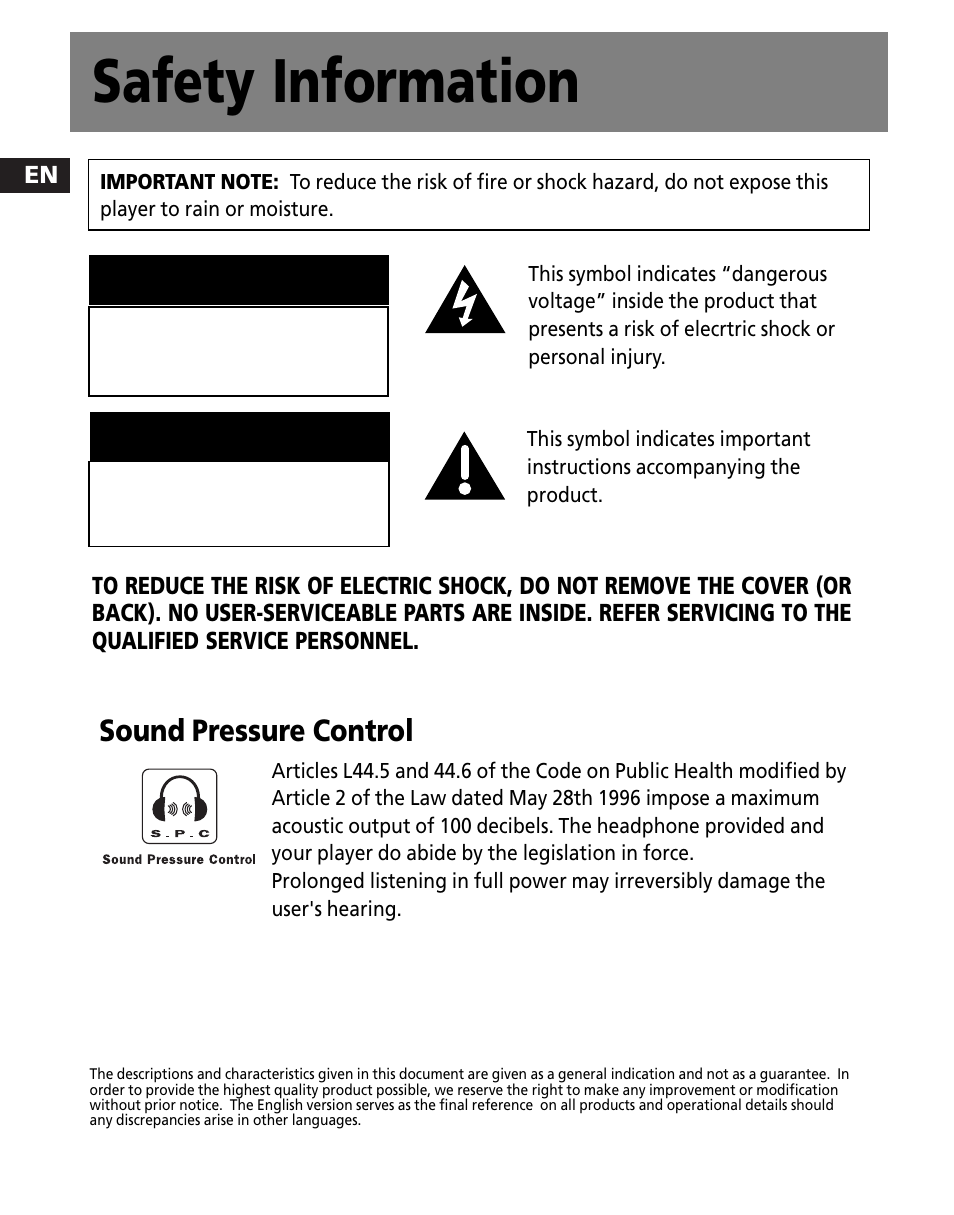 Safety information, Caution attention, Sound pressure control | RCA Portable Audio Device Player M300E512 User Manual | Page 2 / 24