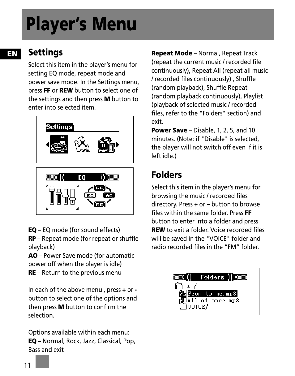 Player’s menu | RCA Portable Audio Device Player M300E512 User Manual | Page 20 / 24