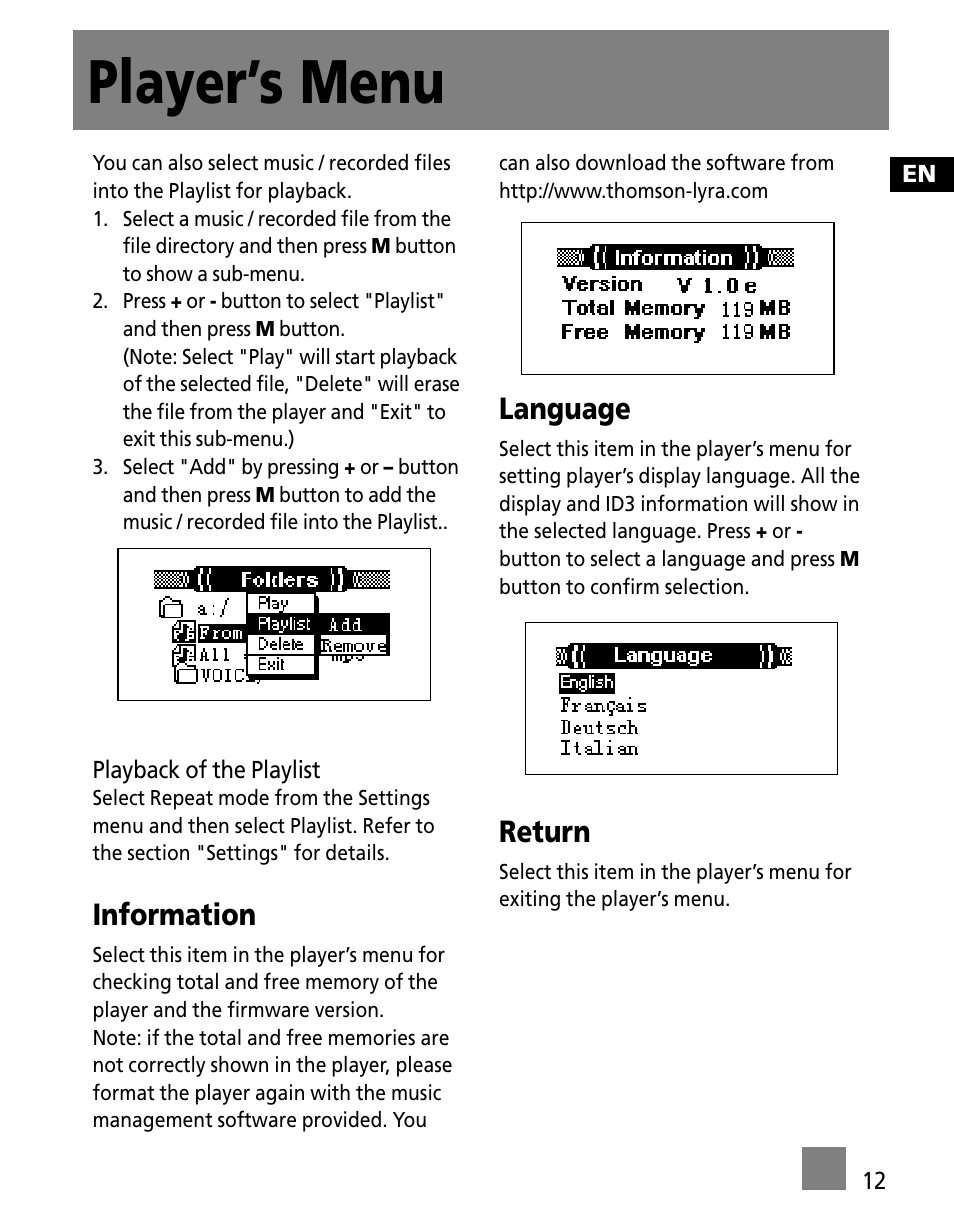 Player’s menu, Information, Language | Return | RCA Portable Audio Device Player M300E512 User Manual | Page 21 / 24