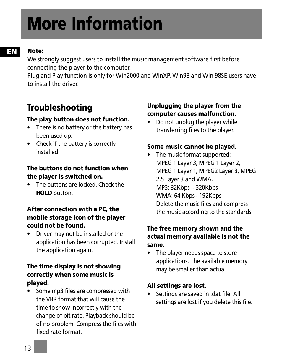 More information, Troubleshooting | RCA Portable Audio Device Player M300E512 User Manual | Page 22 / 24