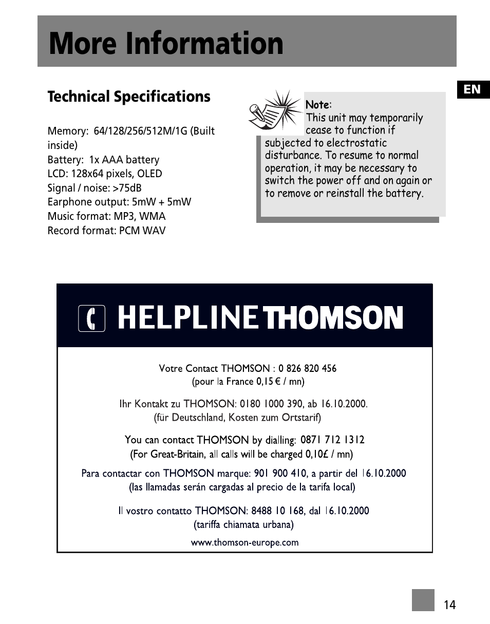 More information, Technical specifications | RCA Portable Audio Device Player M300E512 User Manual | Page 23 / 24