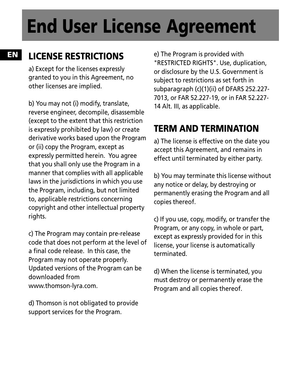 End user license agreement, License restrictions, Term and termination | RCA Portable Audio Device Player M300E512 User Manual | Page 4 / 24