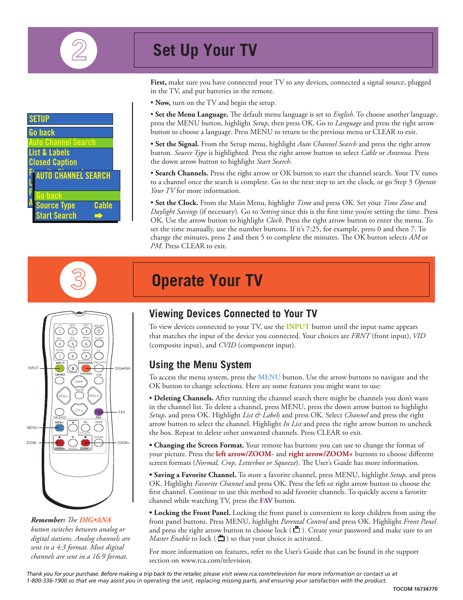 Choose your connections set up your tv, Operate your tv, Start guide | Viewing devices connected to your tv, Using the menu system, Quality connects to... cables needed, Jacks | RCA 13V424T User Manual | Page 2 / 2