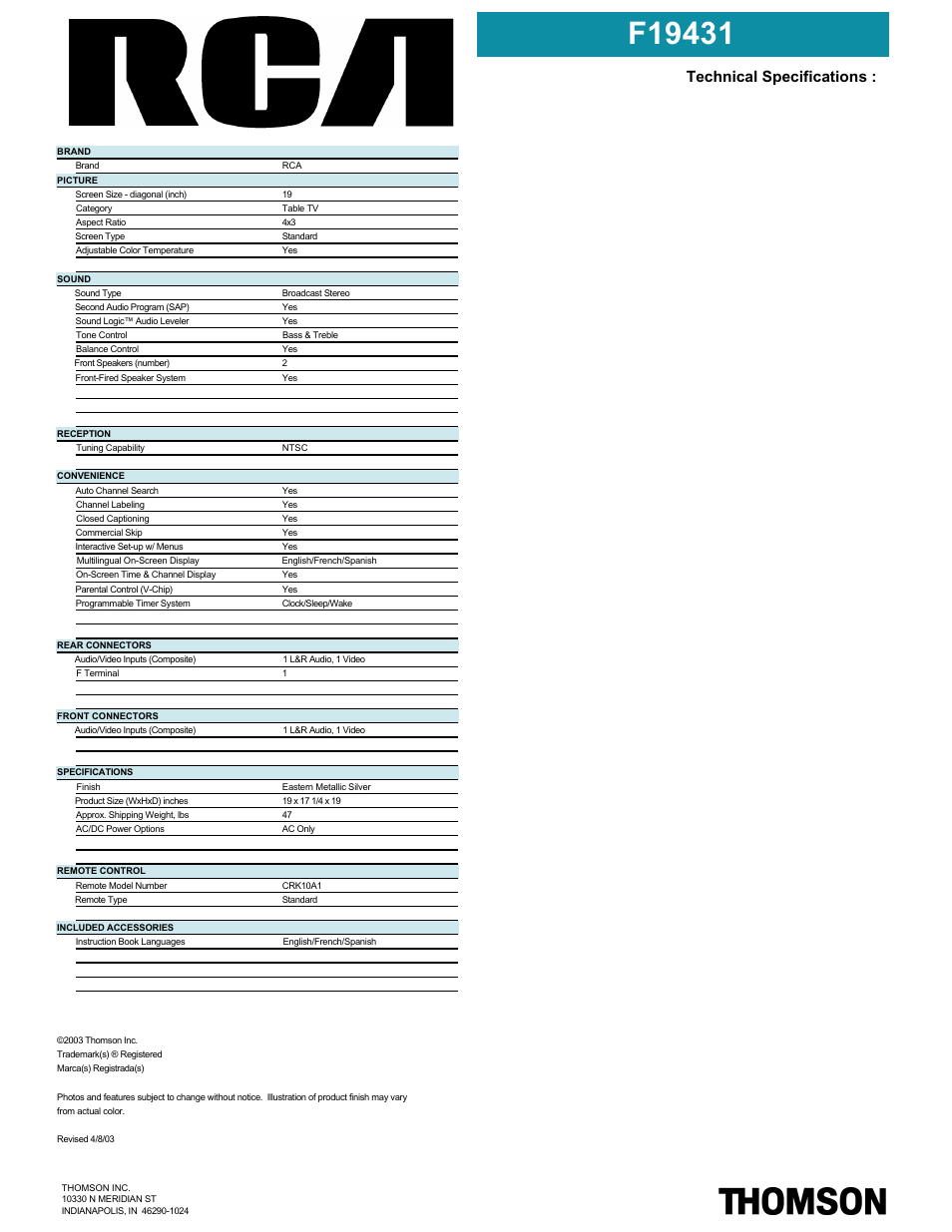 Technical specifications | RCA Thomson F19431 User Manual | Page 2 / 2