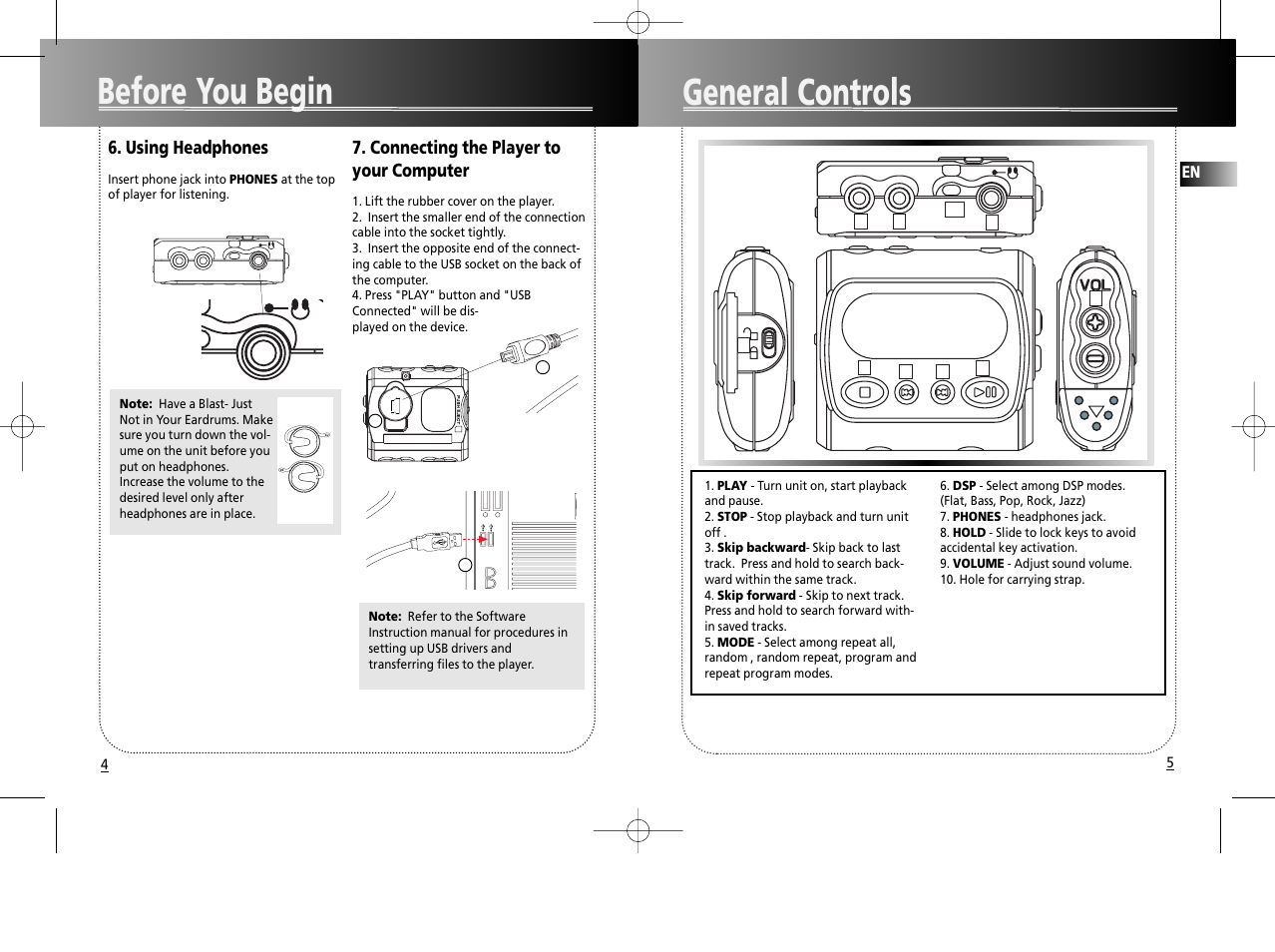 General controls, Before you begin, Using headphones | Connecting the player to your computer | RCA RD1075SA User Manual | Page 6 / 10
