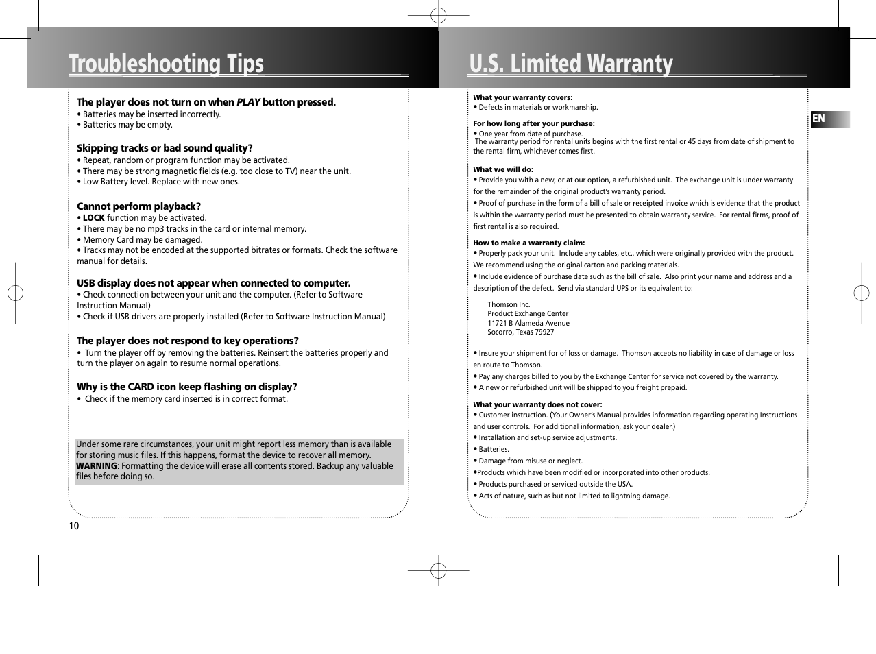 U.s. limited warranty, Troubleshooting tips | RCA RD1075SA User Manual | Page 9 / 10