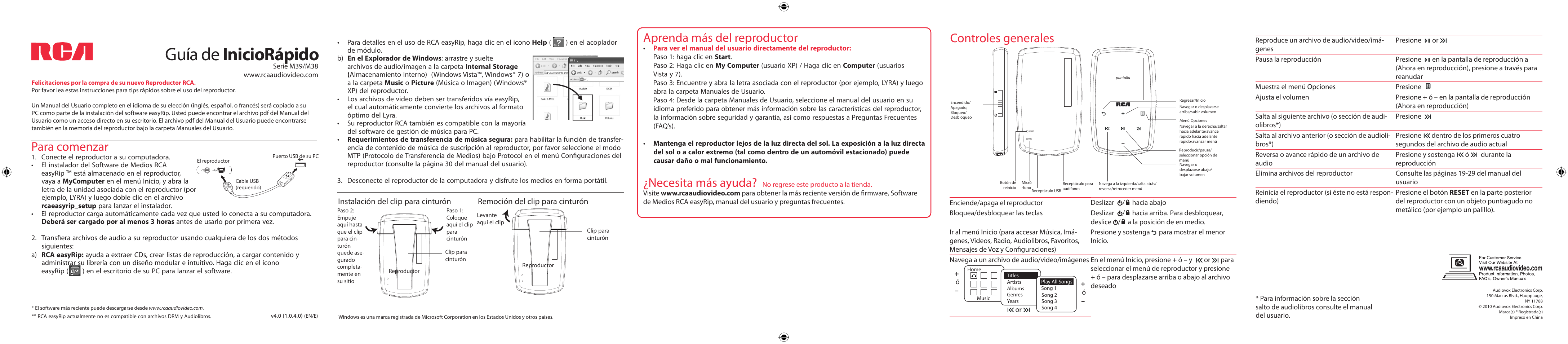 Guía de iniciorápido, Para comenzar, Controles generales | Aprenda más del reproductor, Necesita más ayuda | RCA M3804 User Manual | Page 2 / 2