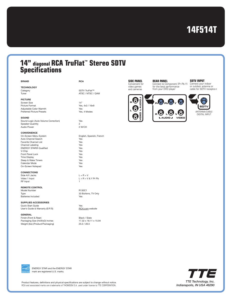 Rca truflat, Stereo sdtv specifications, Diagonal | RCA TruFlat 14F514T User Manual | Page 2 / 2