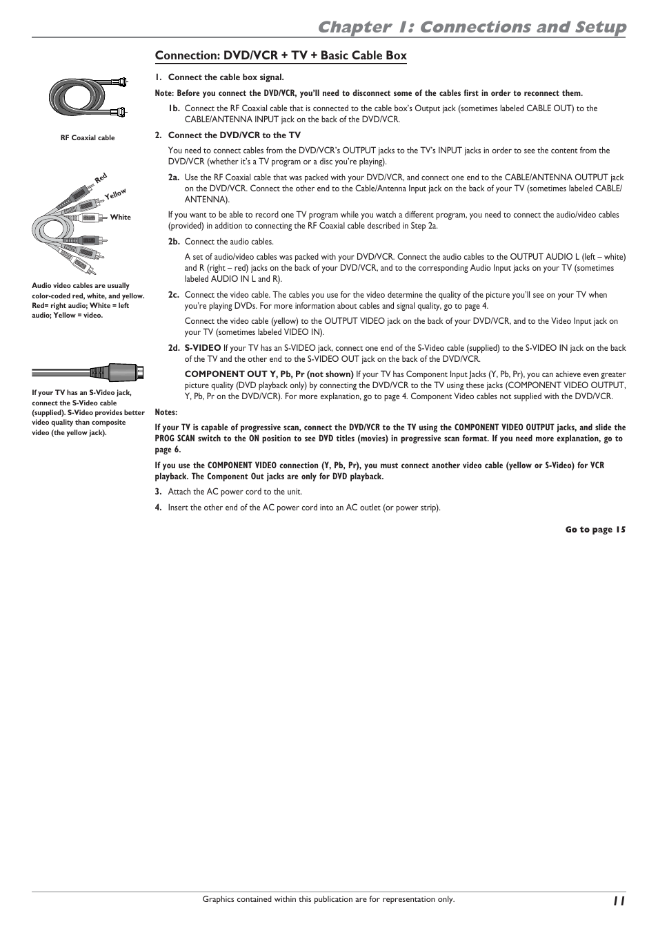 Chapter 1: connections and setup, Connection: dvd/vcr + tv + basic cable box | RCA DRC8300N User Manual | Page 13 / 64