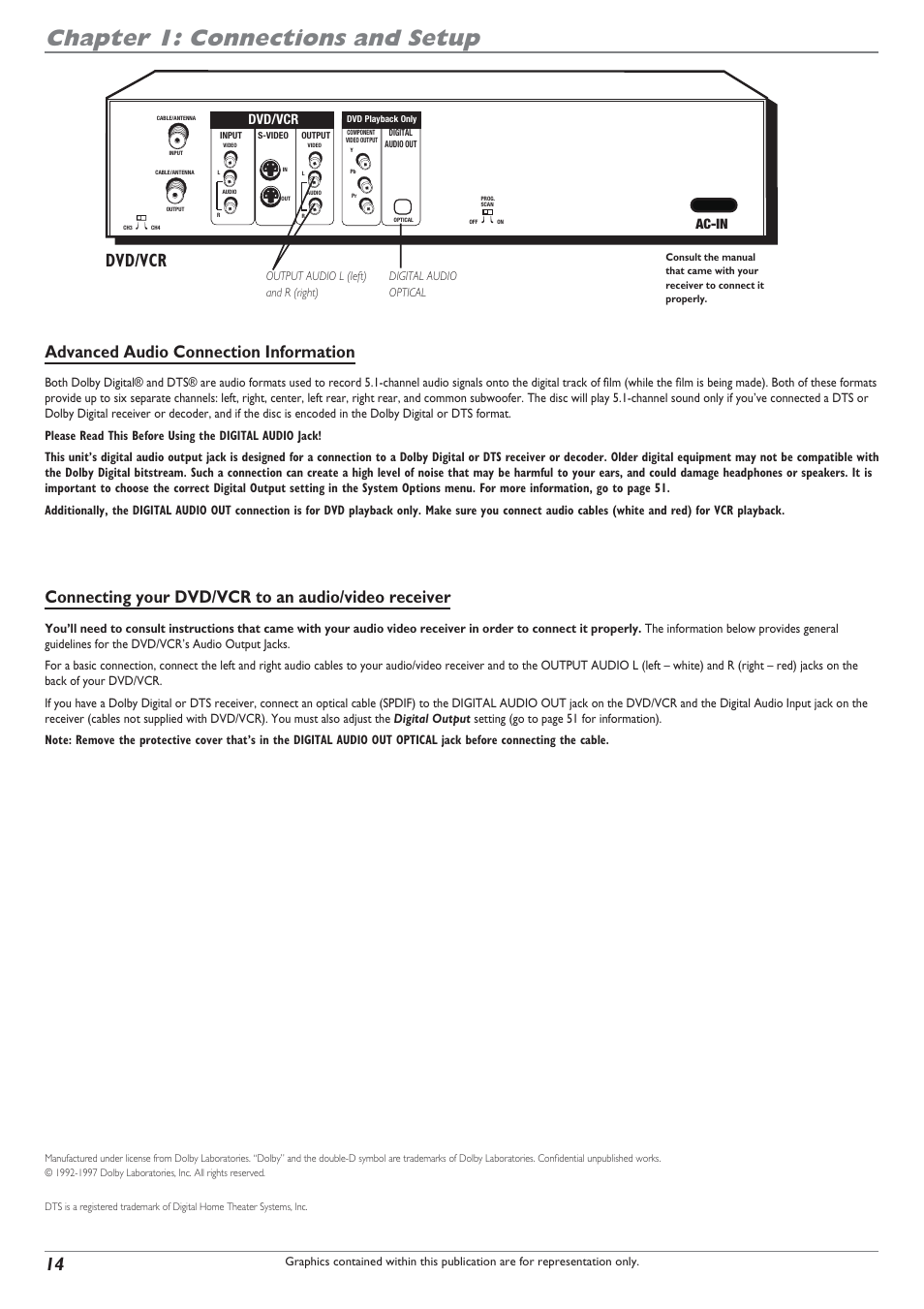 Chapter 1: connections and setup, Advanced audio connection information, Connecting your dvd/vcr to an audio/video receiver | Dvd/vcr, Ac-in | RCA DRC8300N User Manual | Page 16 / 64