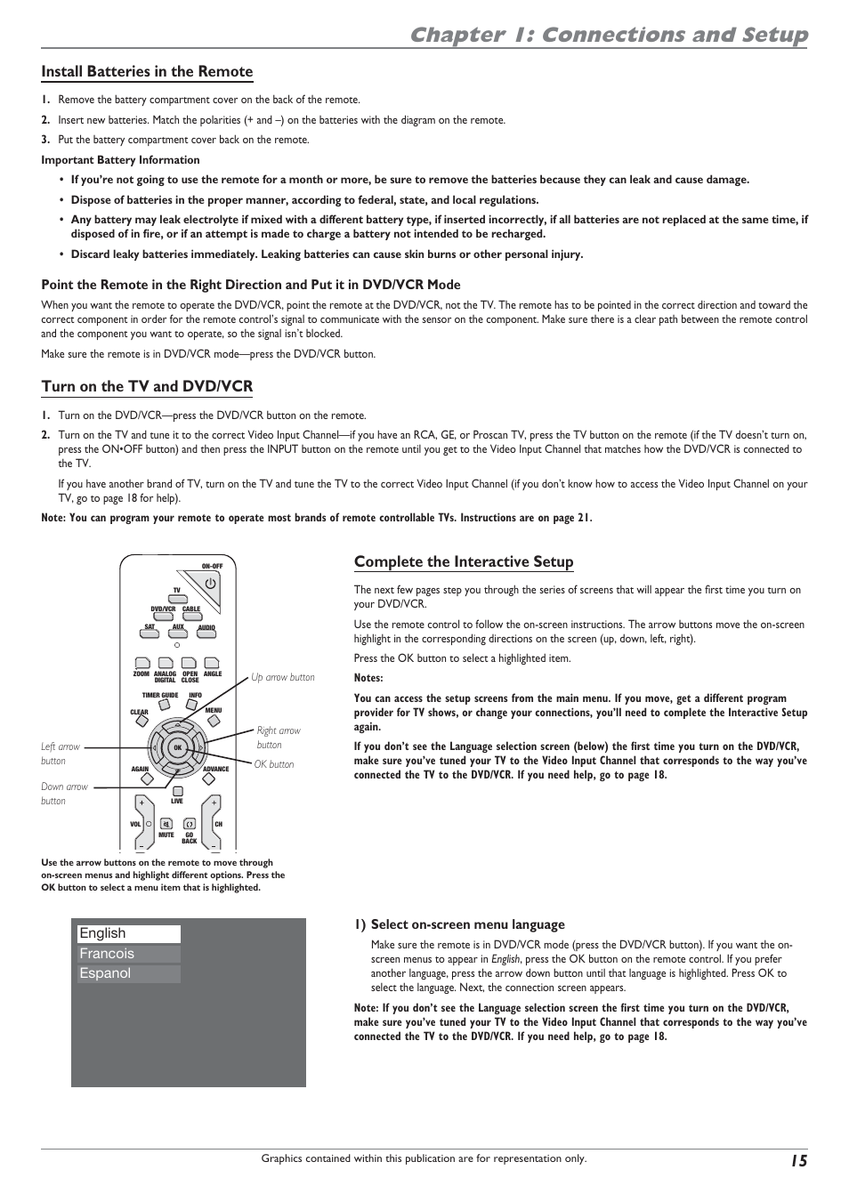 Chapter 1: connections and setup, Install batteries in the remote, Turn on the tv and dvd/vcr | Complete the interactive setup, 1) select on-screen menu language, English francois espanol | RCA DRC8300N User Manual | Page 17 / 64