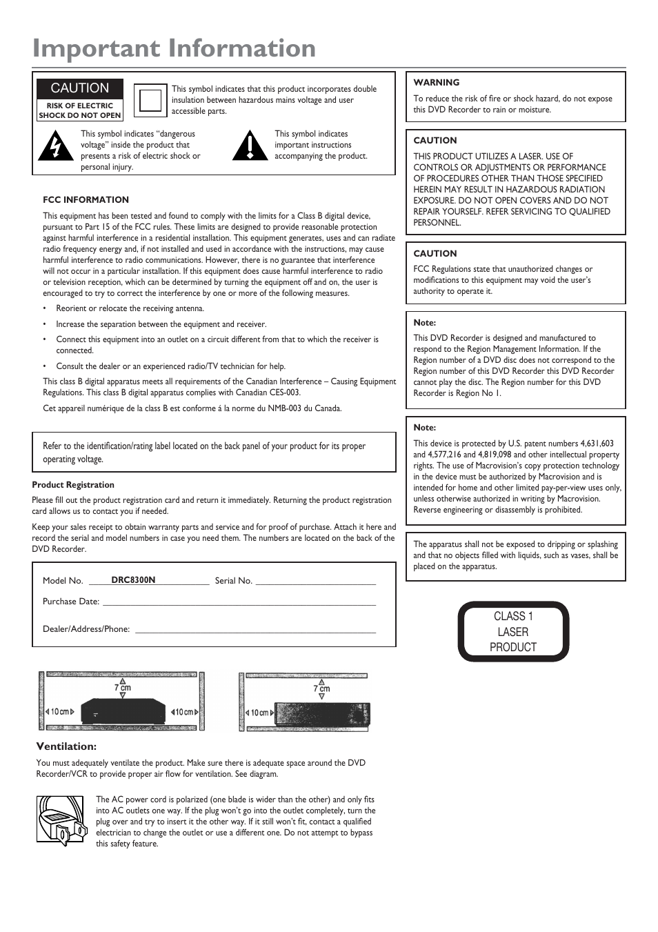 Important information, Caution | RCA DRC8300N User Manual | Page 2 / 64