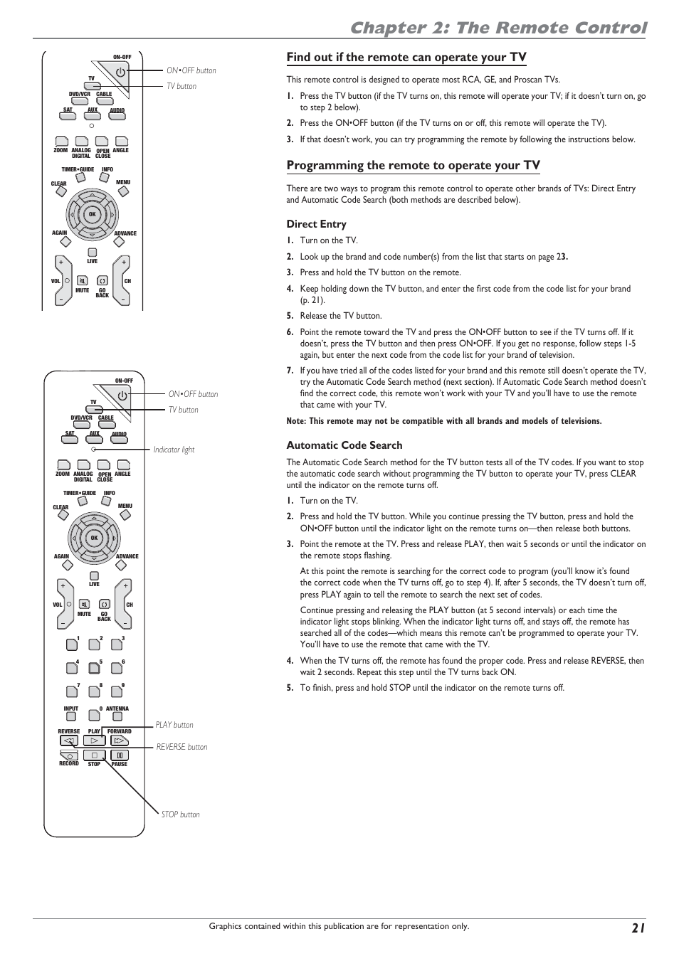 Chapter 2: the remote control, Find out if the remote can operate your tv, Programming the remote to operate your tv | Direct entry, Automatic code search | RCA DRC8300N User Manual | Page 23 / 64