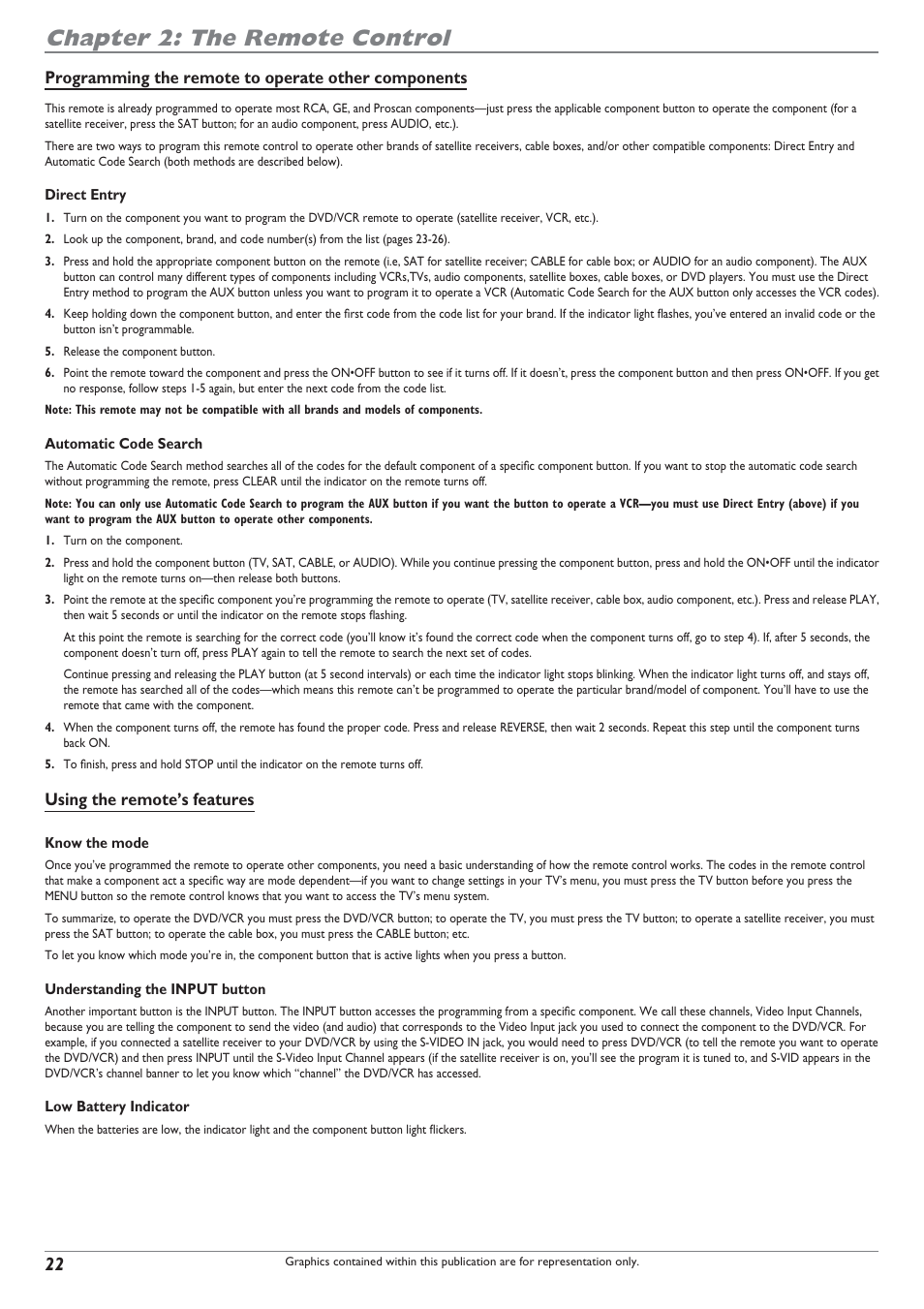 Chapter 2: the remote control, Programming the remote to operate other components, Using the remote’s features | RCA DRC8300N User Manual | Page 24 / 64