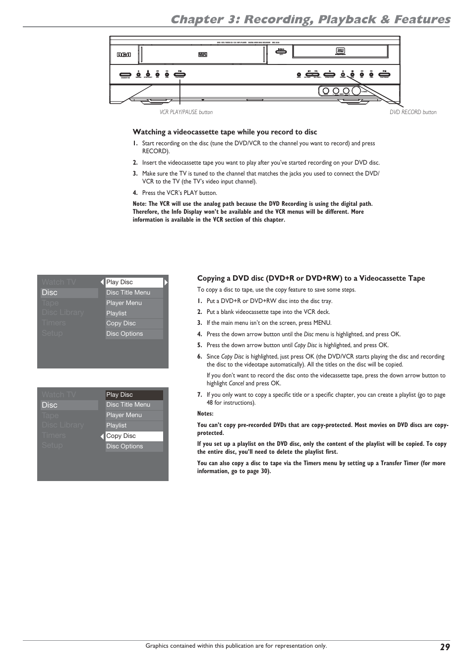 Chapter 3: recording, playback & features, Watch tv disc tape disc library timers setup | RCA DRC8300N User Manual | Page 31 / 64