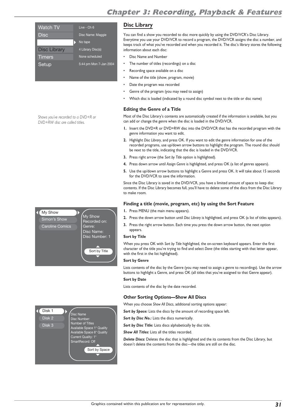 Chapter 3: recording, playback & features, Disc library | RCA DRC8300N User Manual | Page 33 / 64