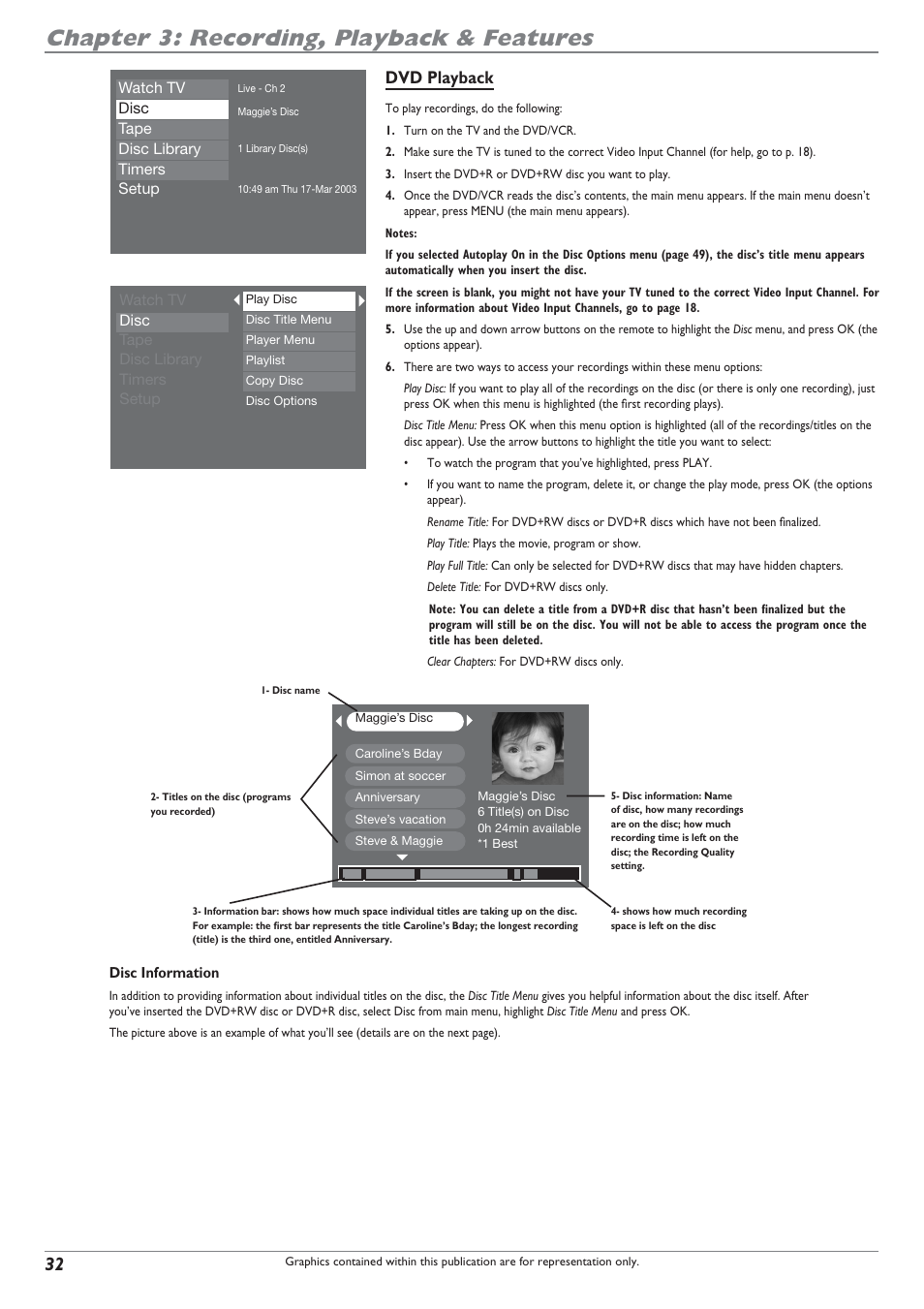 Chapter 3: recording, playback & features, Dvd playback | RCA DRC8300N User Manual | Page 34 / 64