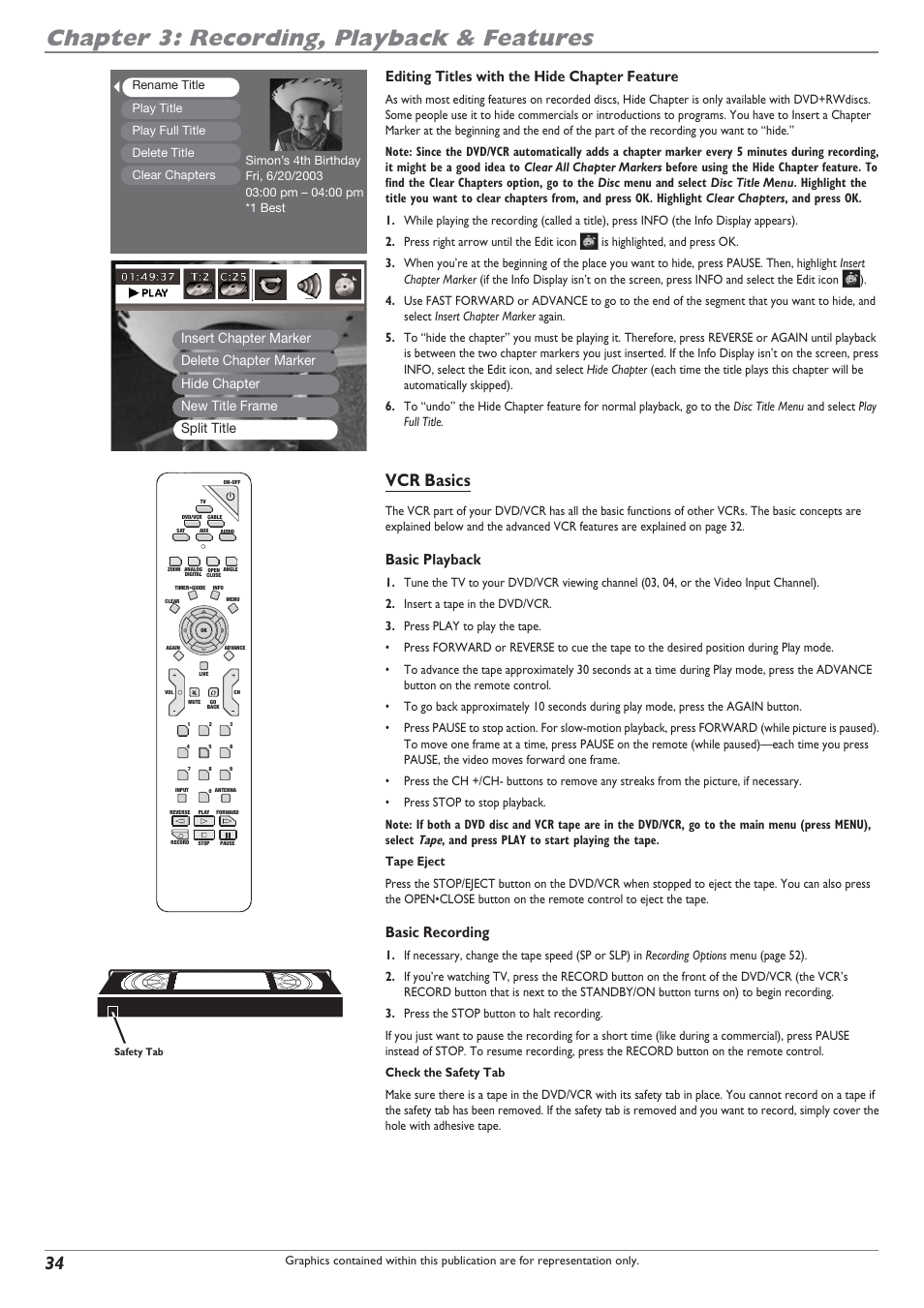 Chapter 3: recording, playback & features, Vcr basics, Editing titles with the hide chapter feature | Basic playback, Basic recording, Tape | RCA DRC8300N User Manual | Page 36 / 64