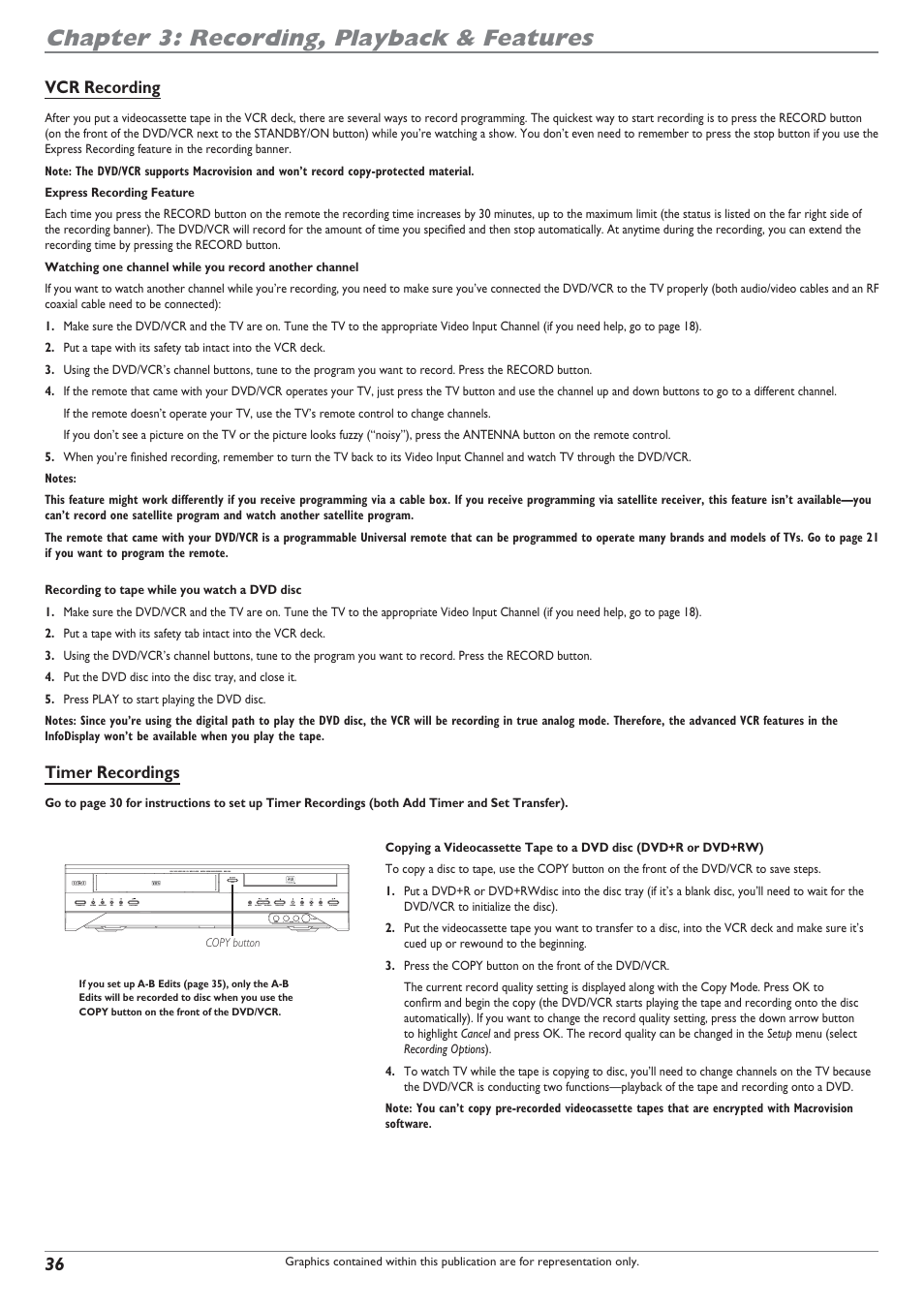 Chapter 3: recording, playback & features, Vcr recording, Timer recordings | RCA DRC8300N User Manual | Page 38 / 64